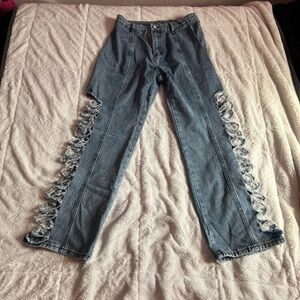 Stylish Blue Straight Leg Jeans with Ruffle Details